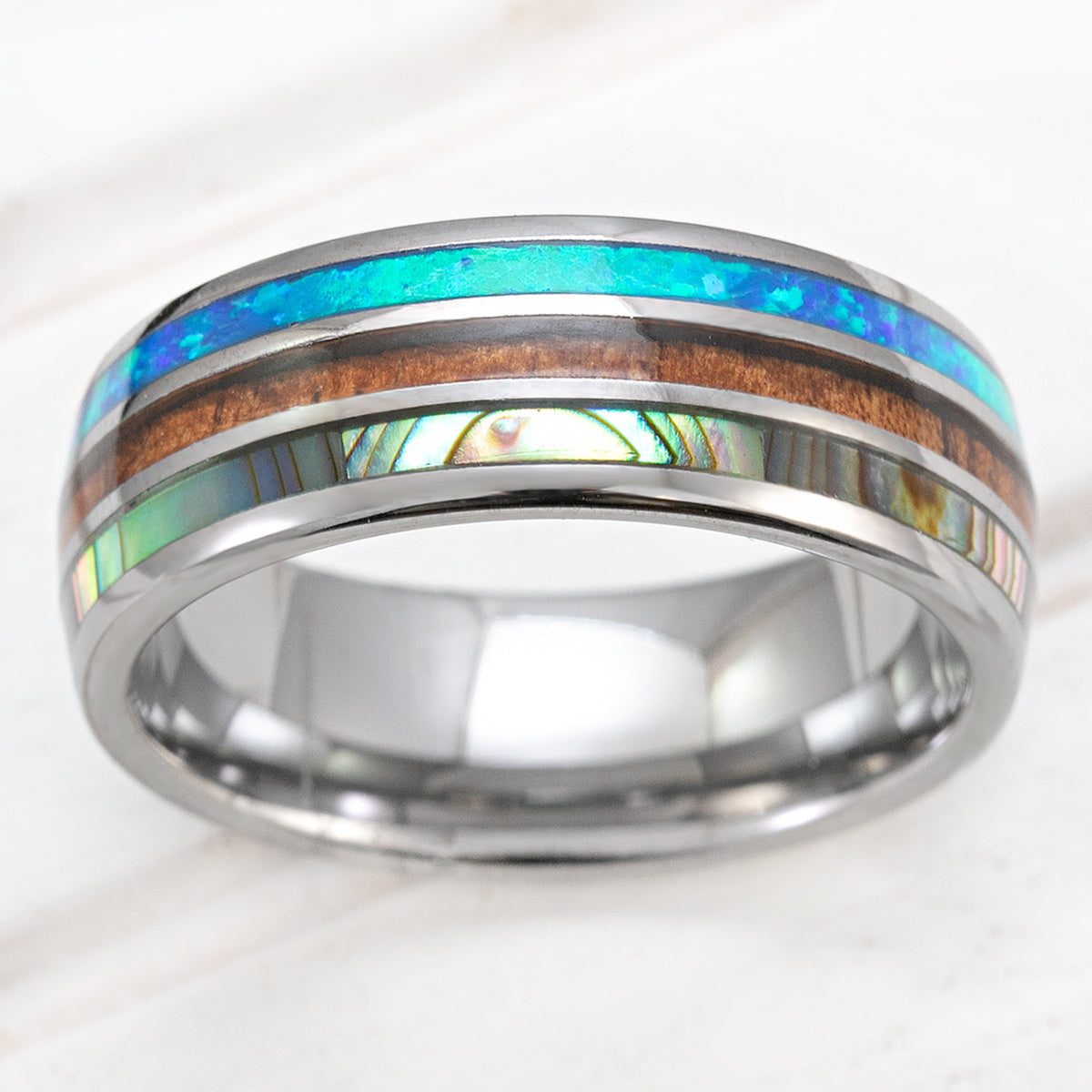 Tungsten Carbide 8mm Ring with Abalone Shell, Koa Wood, & Blue Opal Tri-Inlay - Dome Shape, Comfort Fitment
