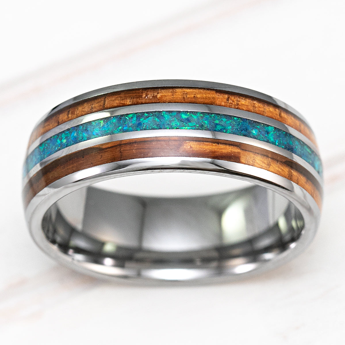 Tungsten Carbide Ring [8mm width] Green Opal & Hawaiian Koa Wood  Tri-Inlay