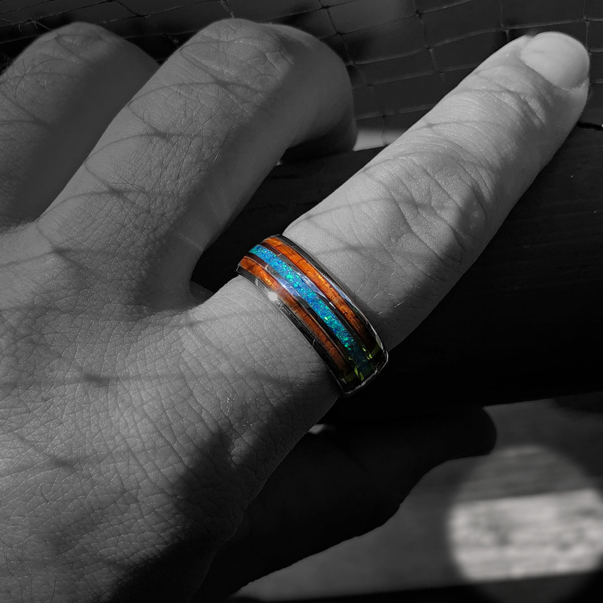 Tungsten Carbide Ring [8mm width] Green Opal & Hawaiian Koa Wood  Tri-Inlay