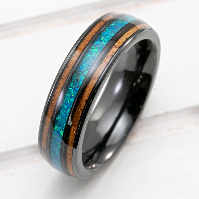 Black Zirconium Ring with Azure Blue Opal & Hawaiian Koa Wood Tri-Inlay - 6mm, Dome Shape, Comfort Fitment