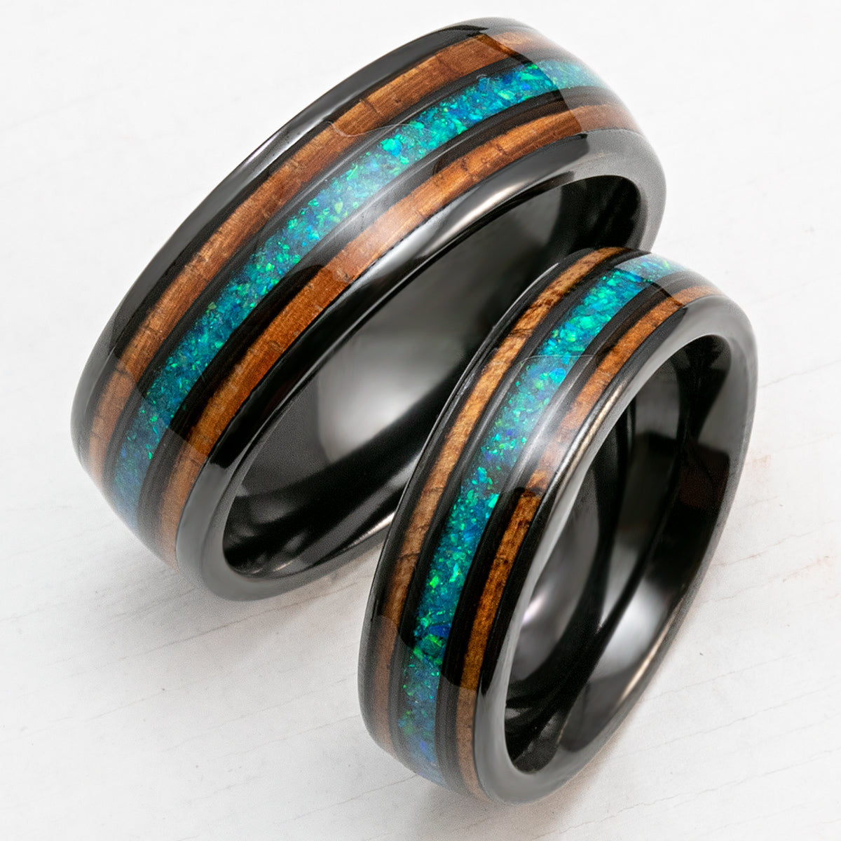 Pair of 6&8mm Zirconium Rings with Azure Blue Opal and Hawaiian Koa Wood Tri-Inlay - Dome Shape, Comfort Fitment
