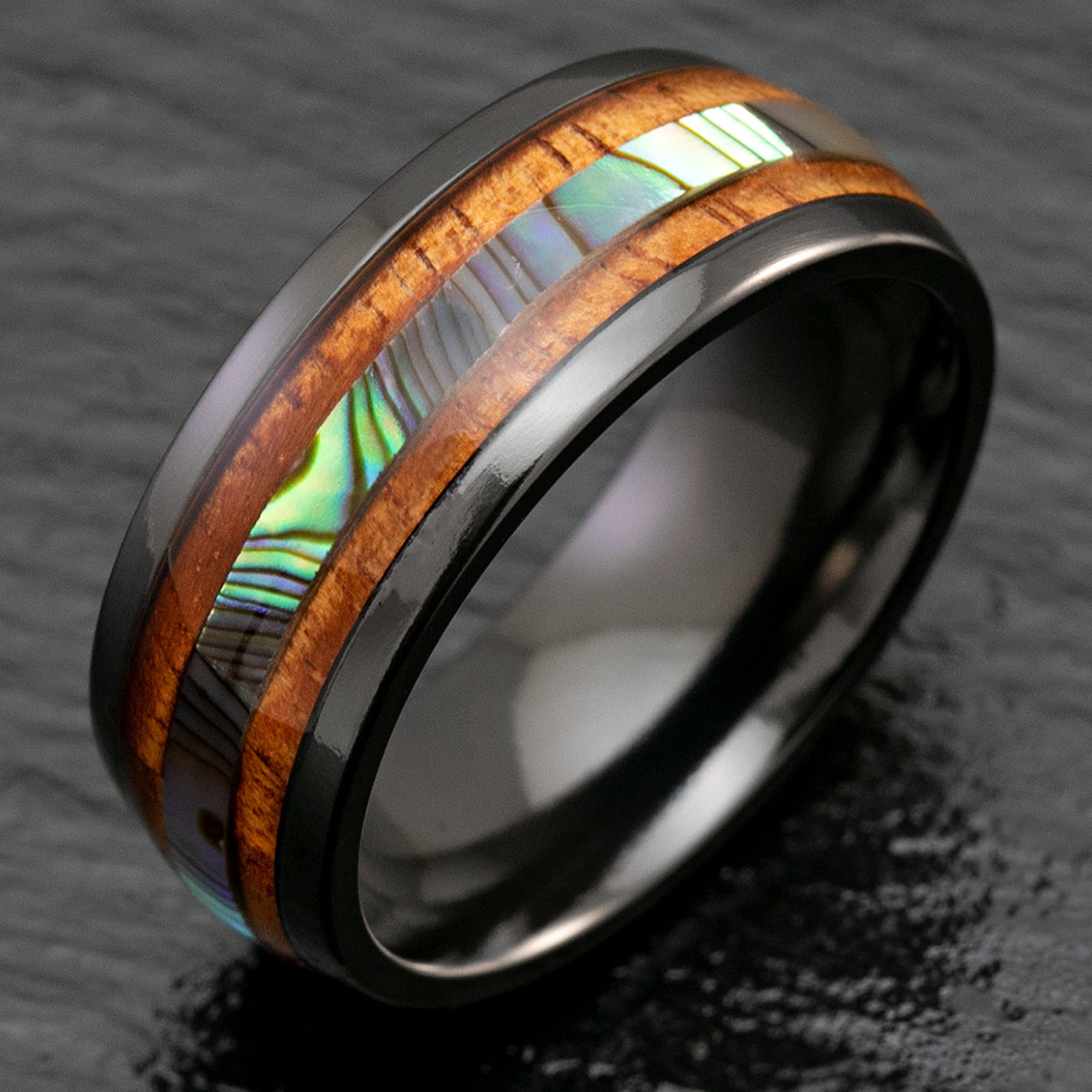 Black Zirconium 8mm Ring with Abalone Shell & Hawaii Koa Wood Inlay - Dome Shape, Comfort Fitment