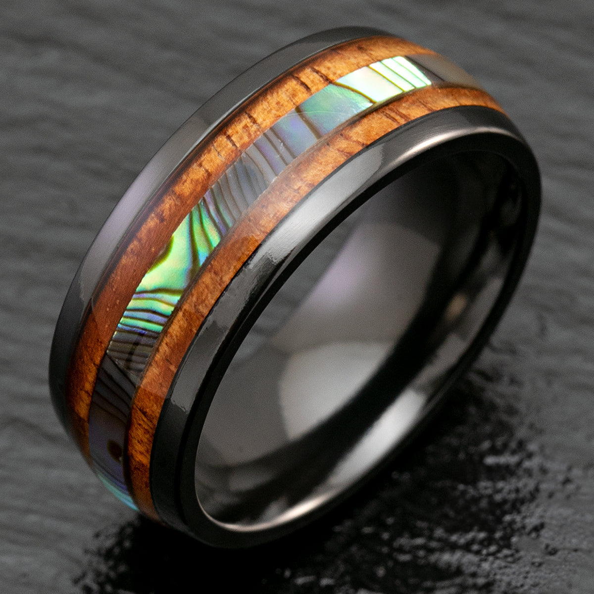 Black Zirconium 8mm Ring with Abalone Shell & Hawaii Koa Wood Inlay - Dome Shape, Comfort Fitment