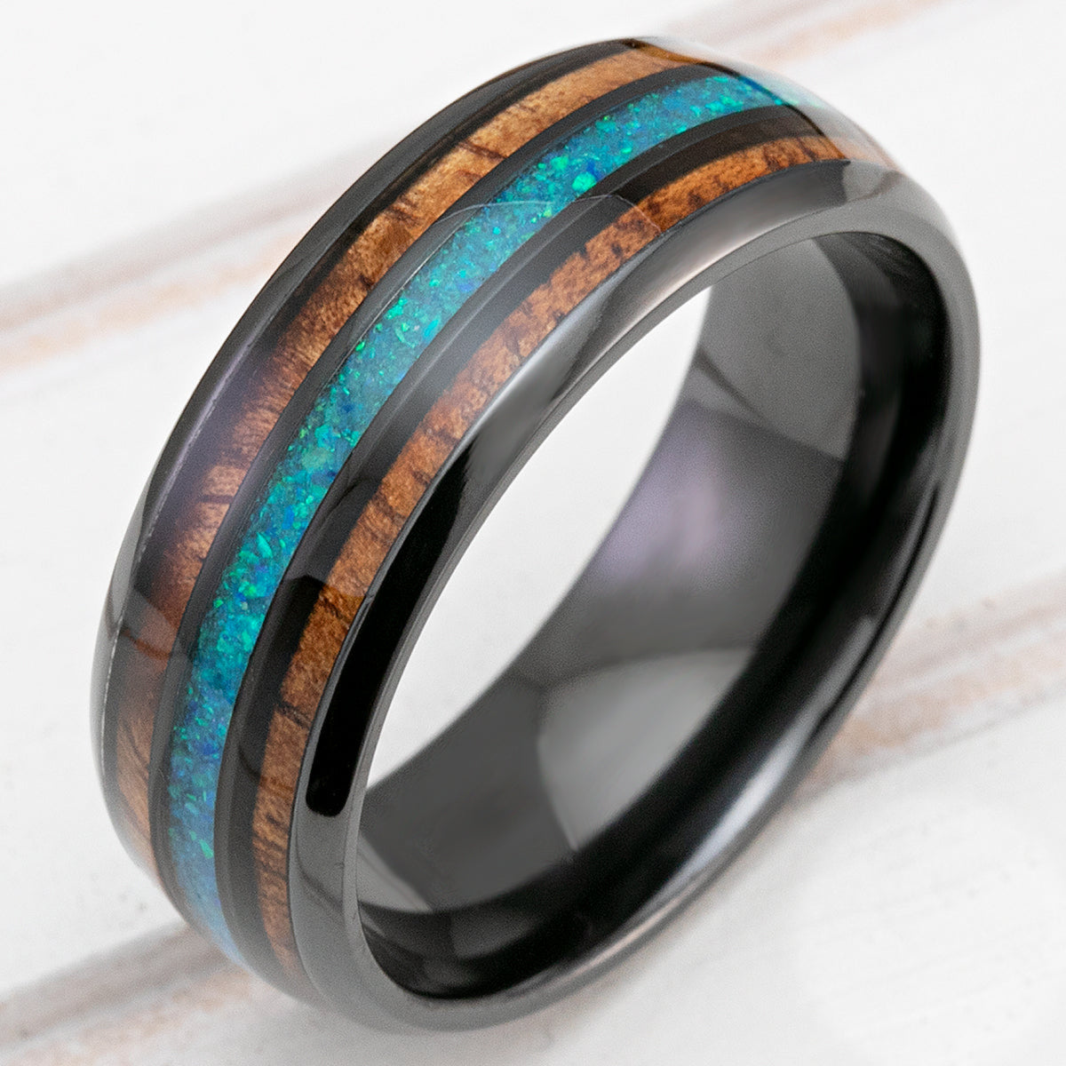 Black Zirconium 8mm Ring with Azure Blue Opal & Hawaiian Koa Wood - Dome Shape, Comfort Fitment