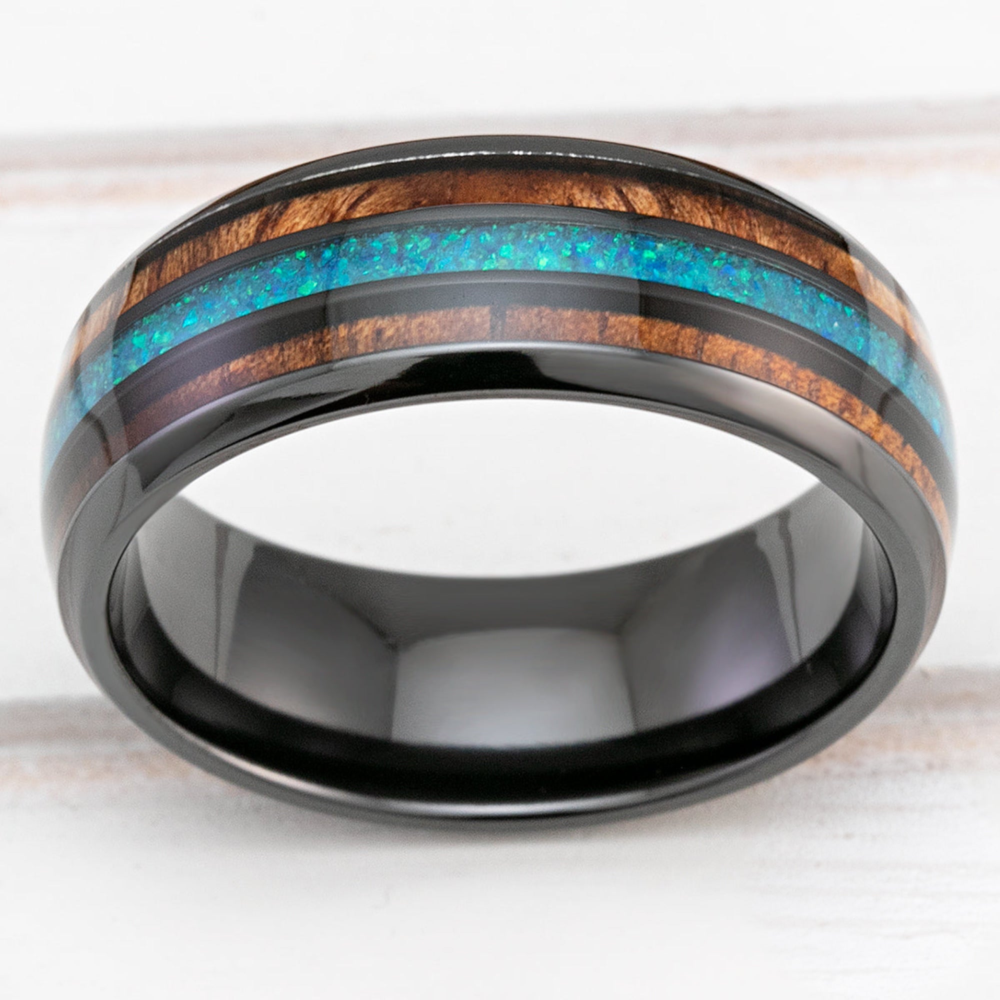 Black Zirconium 8mm Ring with Azure Blue Opal & Hawaiian Koa Wood - Dome Shape, Comfort Fitment