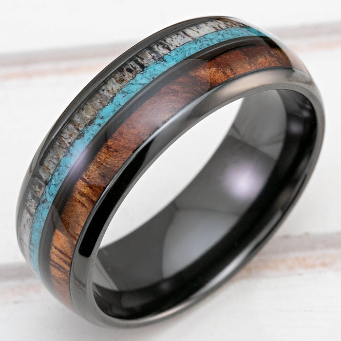 Black Zirconium 8mm Ring with Antler, Turquoise & Hawaiian Koa Wood Tri-Inlay - Dome Shape, Comfort Fitment