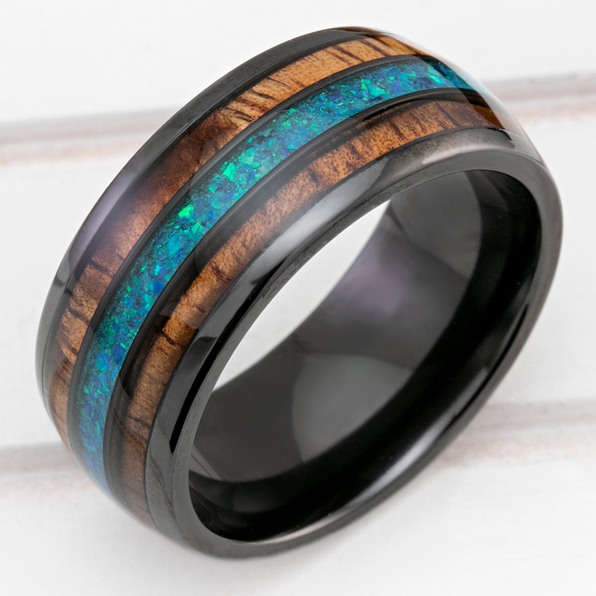 Black Zirconium 10mm Ring with Azure Blue Opal & Hawaiian Koa Wood Tri-Inlay - Dome Shape, Comfort Fitment