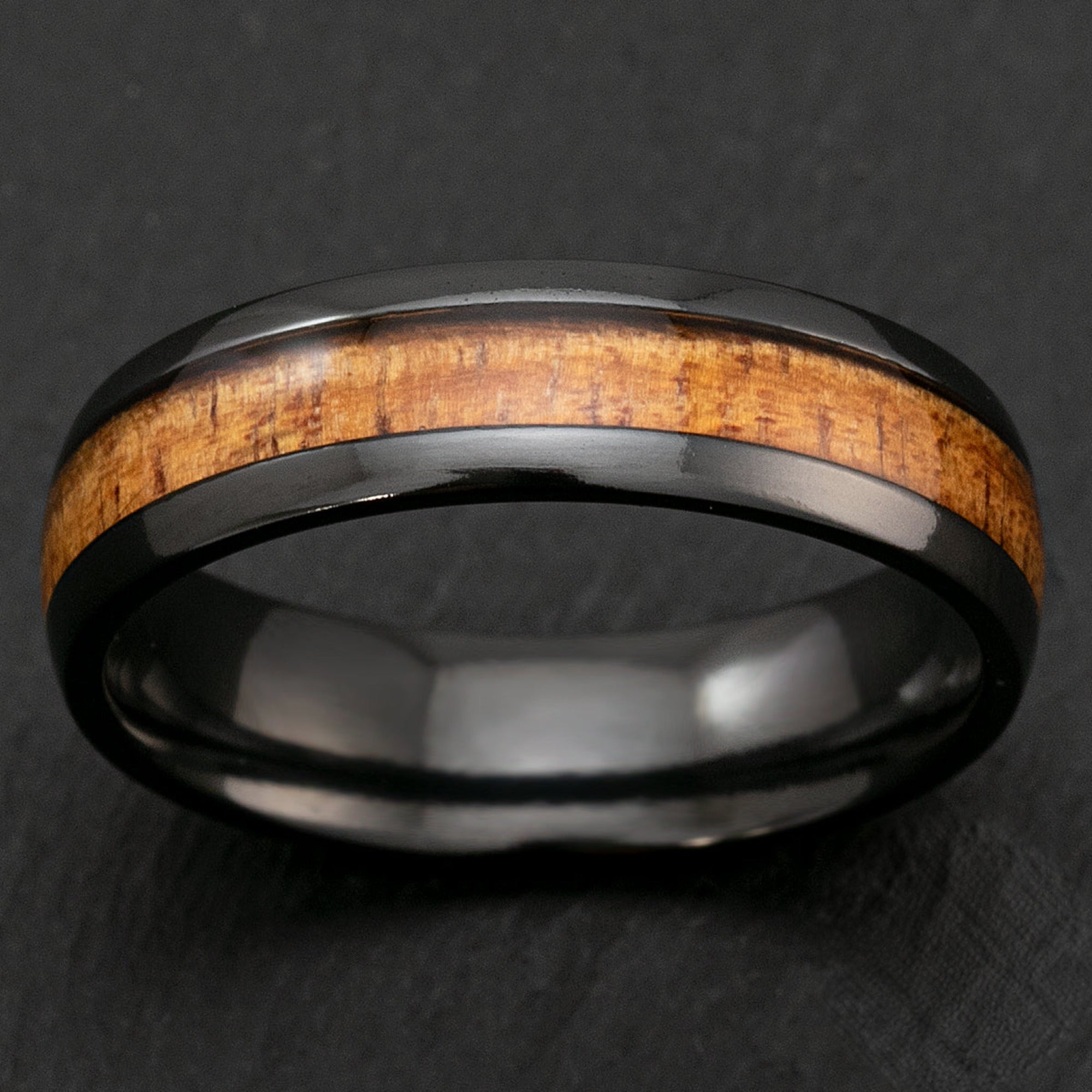 Black Zirconium 6mm Ring with Hawaiian Koa Wood Inlay - Dome Shape, Comfort Fitment