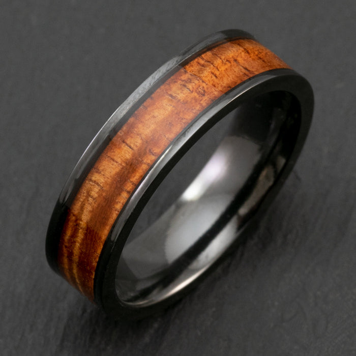 Black Zirconium 6mm Ring with Hawaiian Koa Wood Inlay - Flat Shape, Comfort Fitment