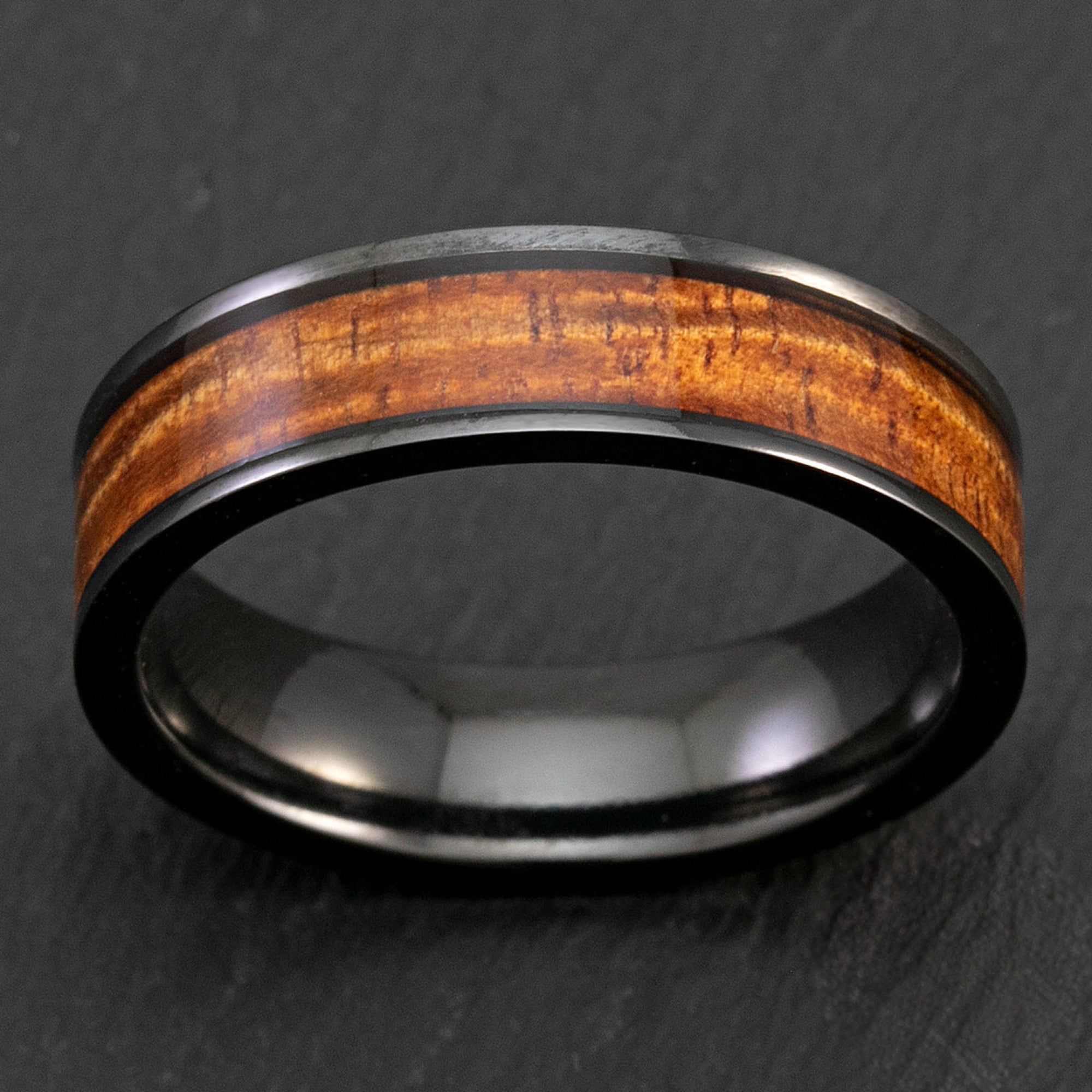 Black Zirconium 6mm Ring with Hawaiian Koa Wood Inlay - Flat Shape, Comfort Fitment