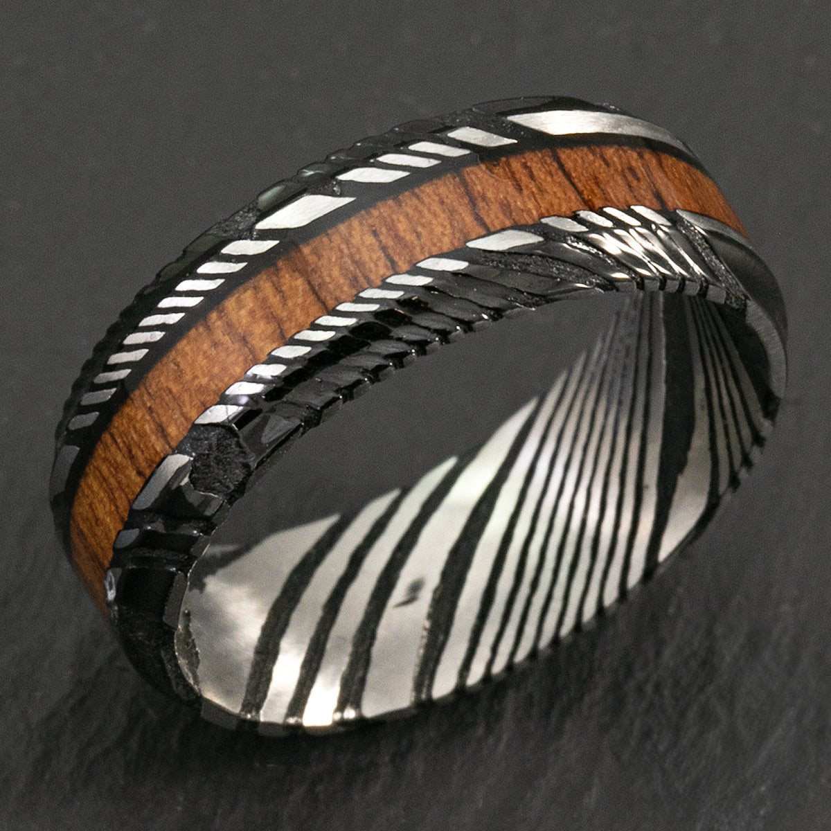 Damascus Steel Black Ion Plated Ring with Hawaiian Koa Wood - Flat Shape, Comfort Fitment