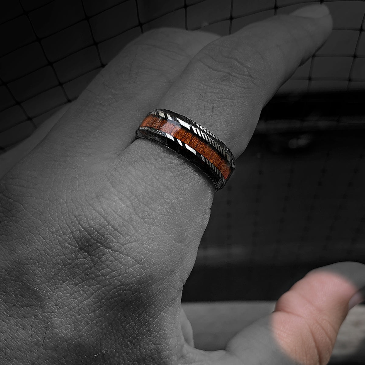 Damascus Steel Black Ion Plated Ring with Hawaiian Koa Wood - Flat Shape, Comfort Fitment