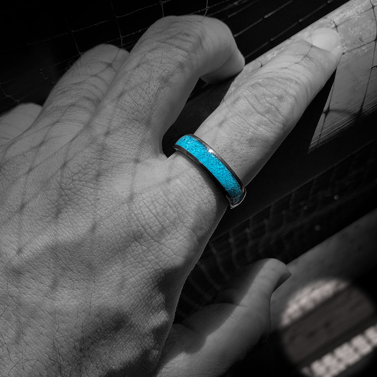 Black Zirconium Ring with Crushed Turquoise Inlay - 6mm, Dome Shape, Comfort Fitment