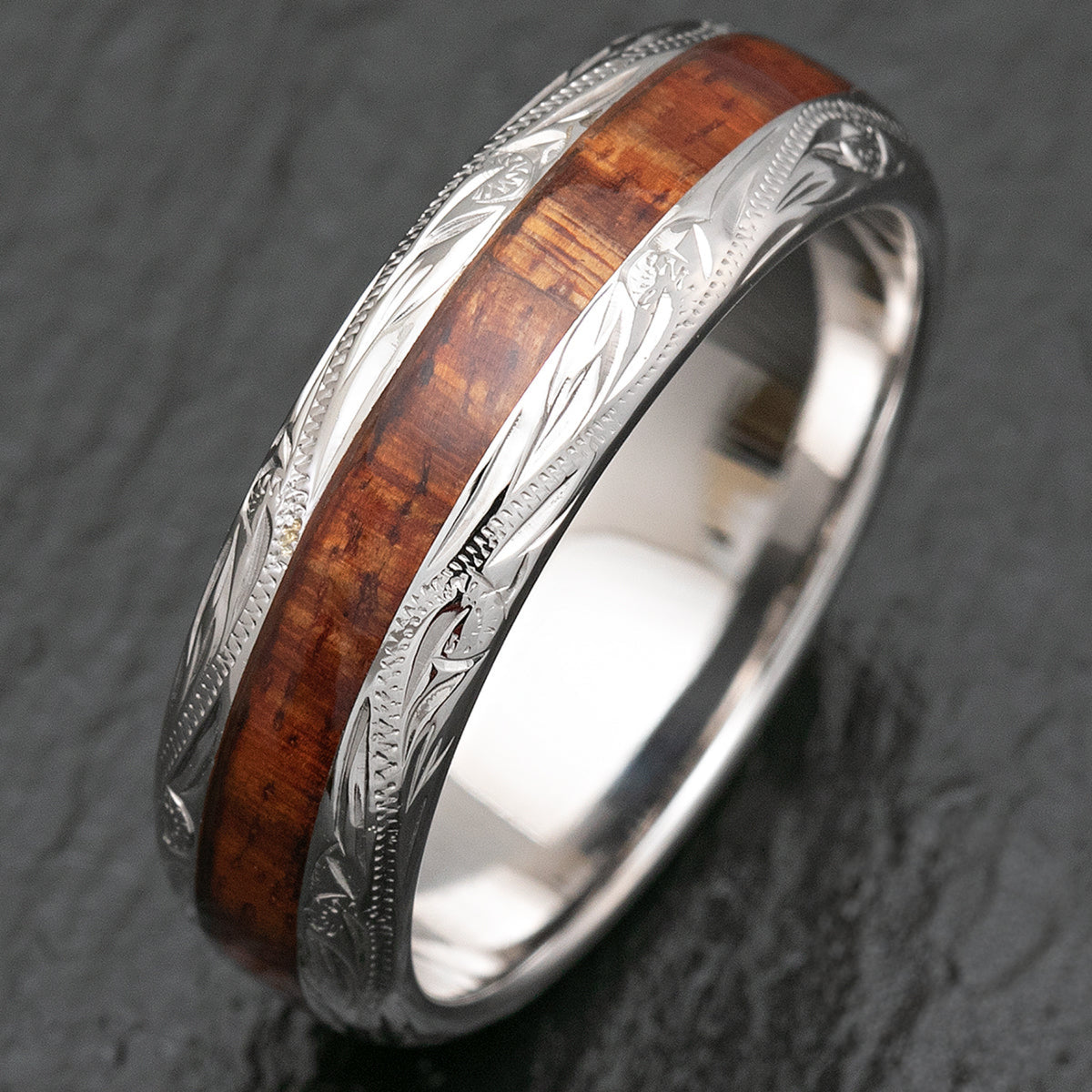 Solid Gold Hand Engraved Ring & Hawai'i Koa Wood Inlay [Custom Made]