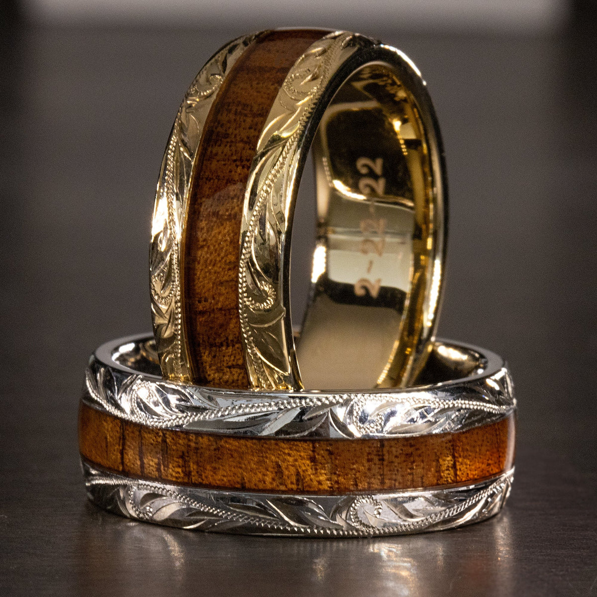 Solid Gold Hand Engraved Ring & Hawai'i Koa Wood Inlay [Custom Made]