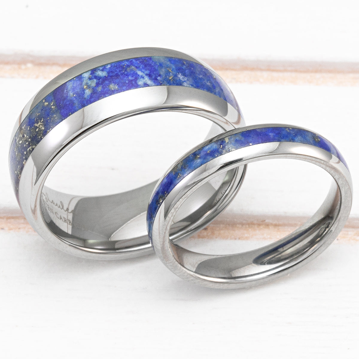 Pair of 4&8mm Tungsten Carbide Rings with Lapis Lazuli Inlay - Dome Shape, Comfort Fitment