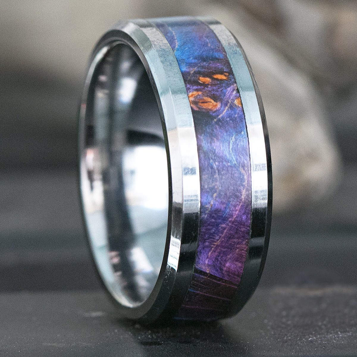 Tungsten Carbide Beveled Edge Ring Box Elder Wood Inlay - 8mm, Flat Shape, Comfort Fitment