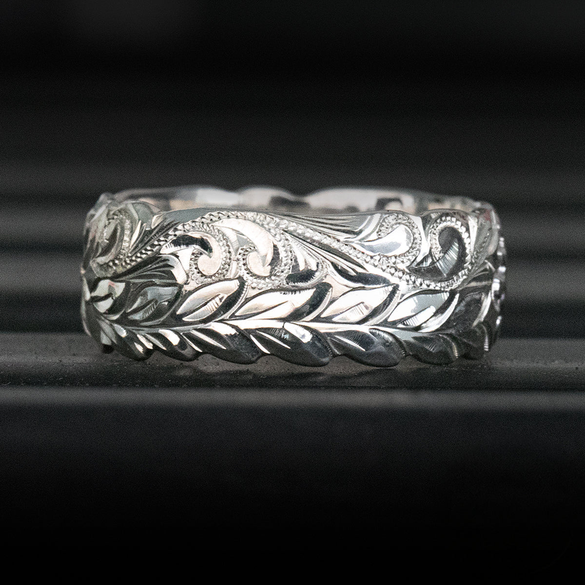 Sterling Silver Hawaiian Jewelry Ring Hand Engraved Maile Leaf & Scroll Design  - 8mm, Dome Shape, Standard Fitment