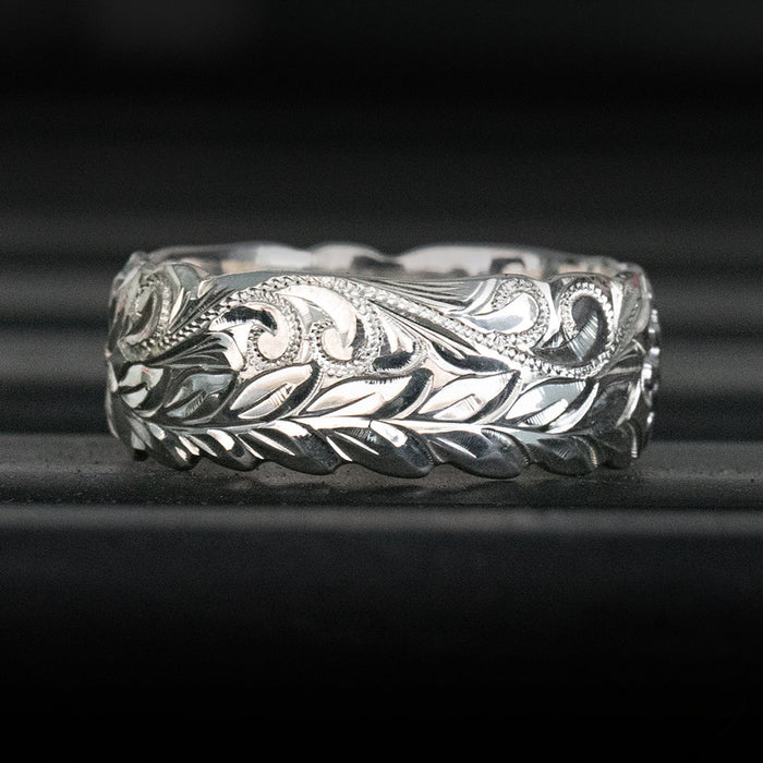 Sterling Silver Hawaiian Jewelry Ring Hand Engraved Maile Leaf & Scroll Design  - 8mm, Dome Shape, Standard Fitment