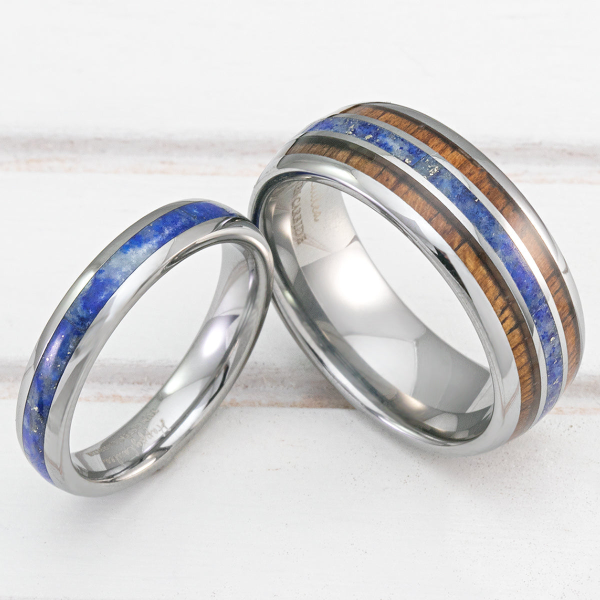 Pair of 4&8mm Assorted Tungsten Carbide Couple/Wedding Rings with Lapis Lazuli and Koa Wood Inlay - Dome Shape, Comfort Fitment