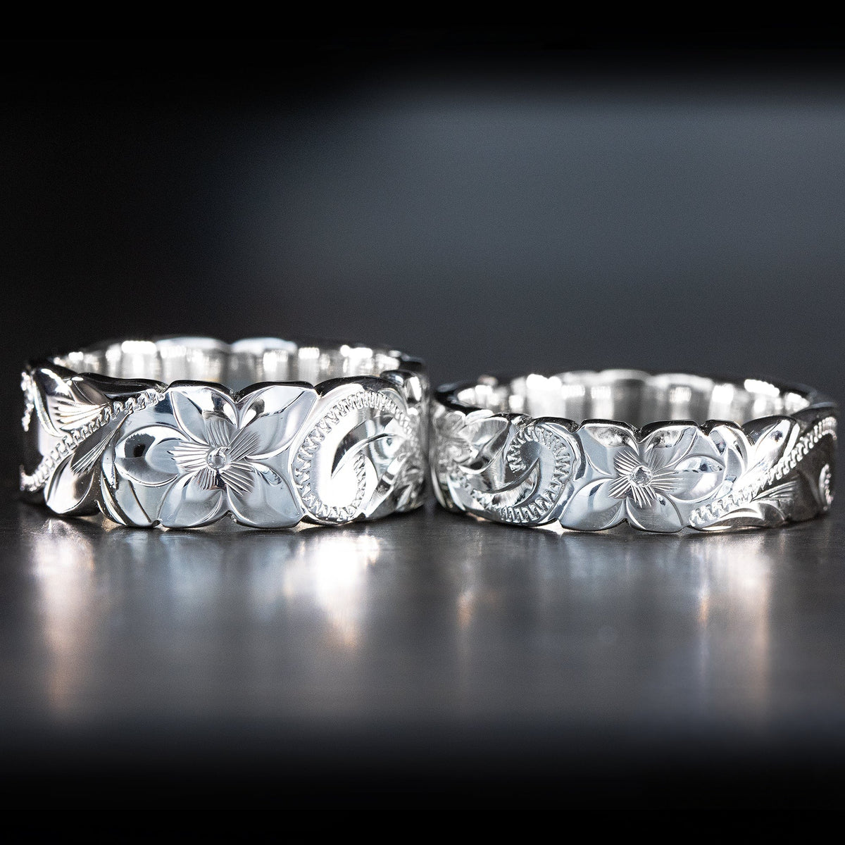 Pair of 6&8mm Sterling Silver Hawaiian Heirloom Rings - Flat Shape, Cutout Edges, Standard Fitment