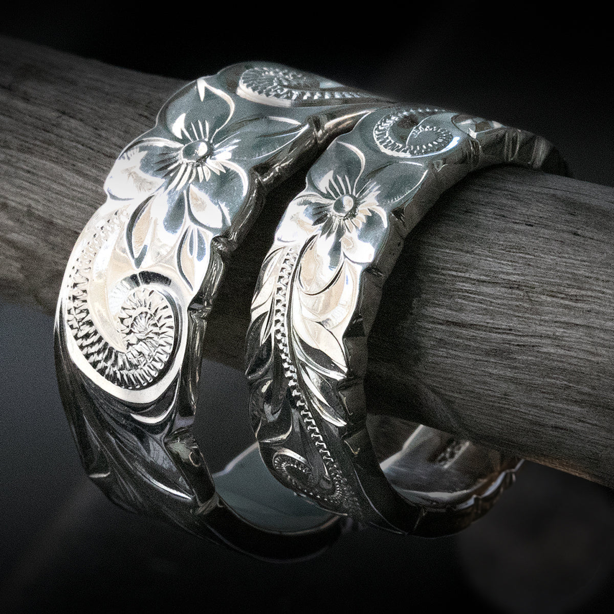 Pair of 6&8mm Sterling Silver Hawaiian Heirloom Rings - Flat Shape, Cutout Edges, Standard Fitment