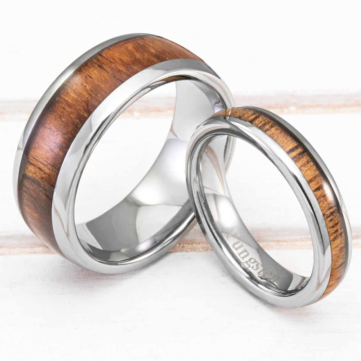 Pair of 4&8mm Tungsten Carbide Couple/Wedding Rings with Hawaiian Koa Wood Inlay - Dome Shape, Comfort Fitment