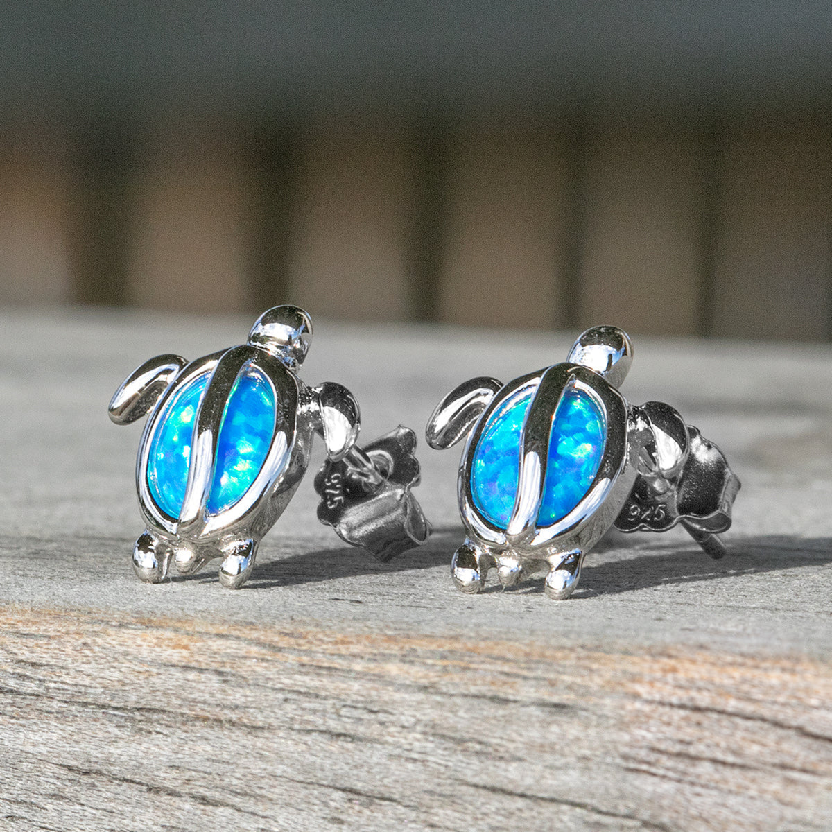 Hawaiian Sea Turtle (Honu) with Blue Opal Stud Earrings