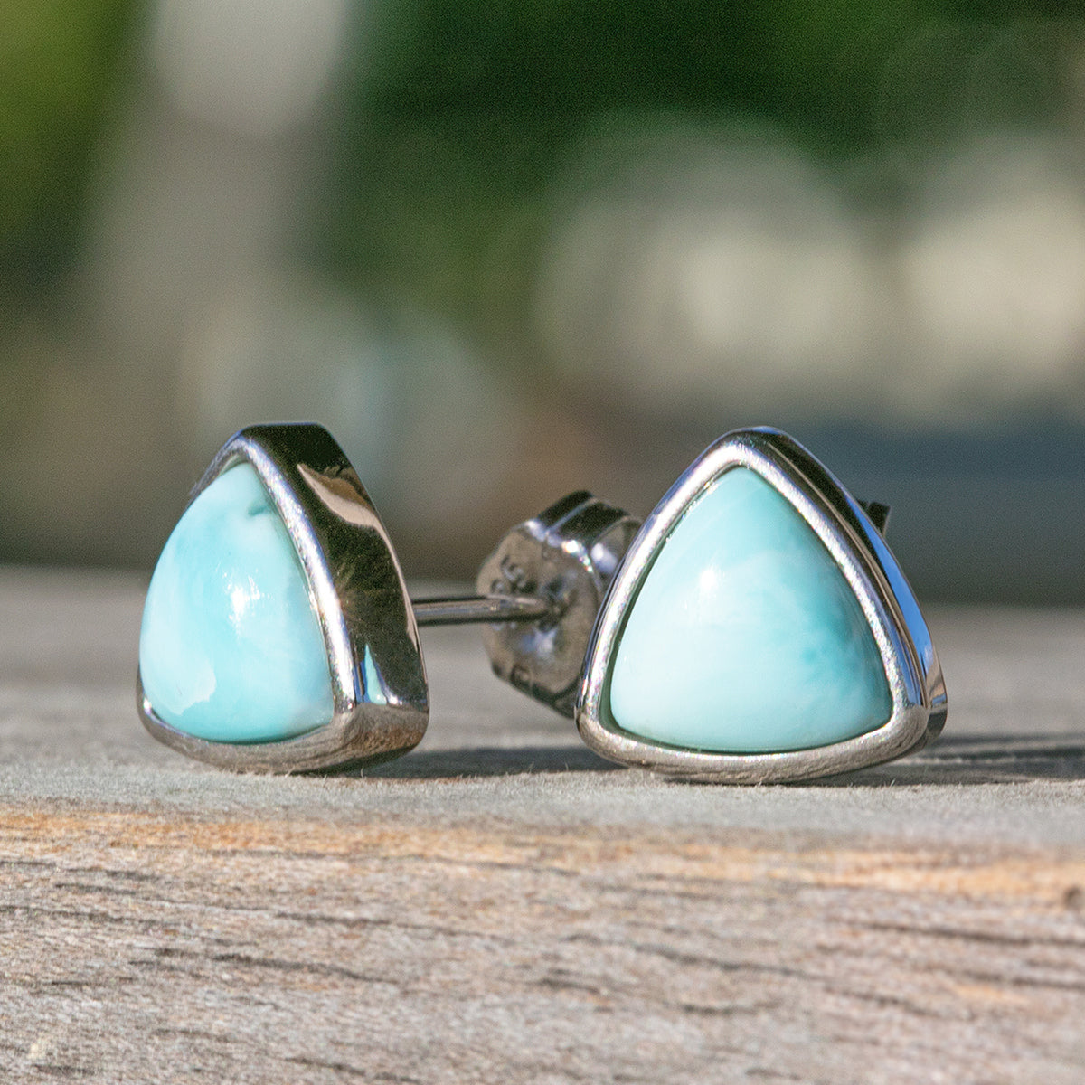 Triangle Shaped Sterling Silver Larimar Stud Earrings