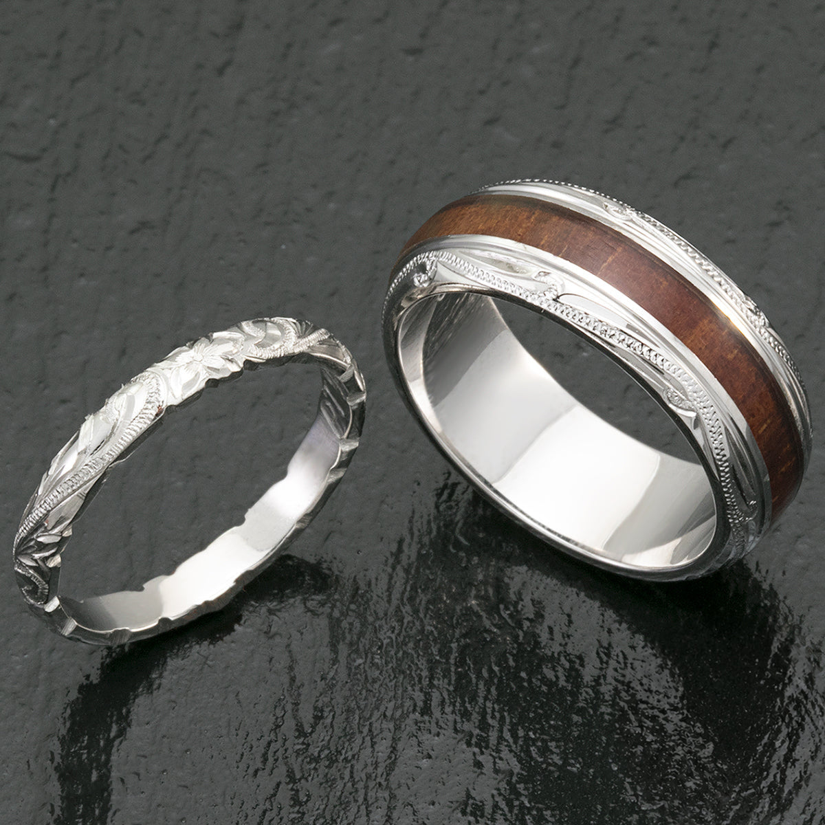 Pair of Platinum & Sterling Silver Koa Wood Hawaiian Jewelry Rings - 3&8mm, Dome Shape
