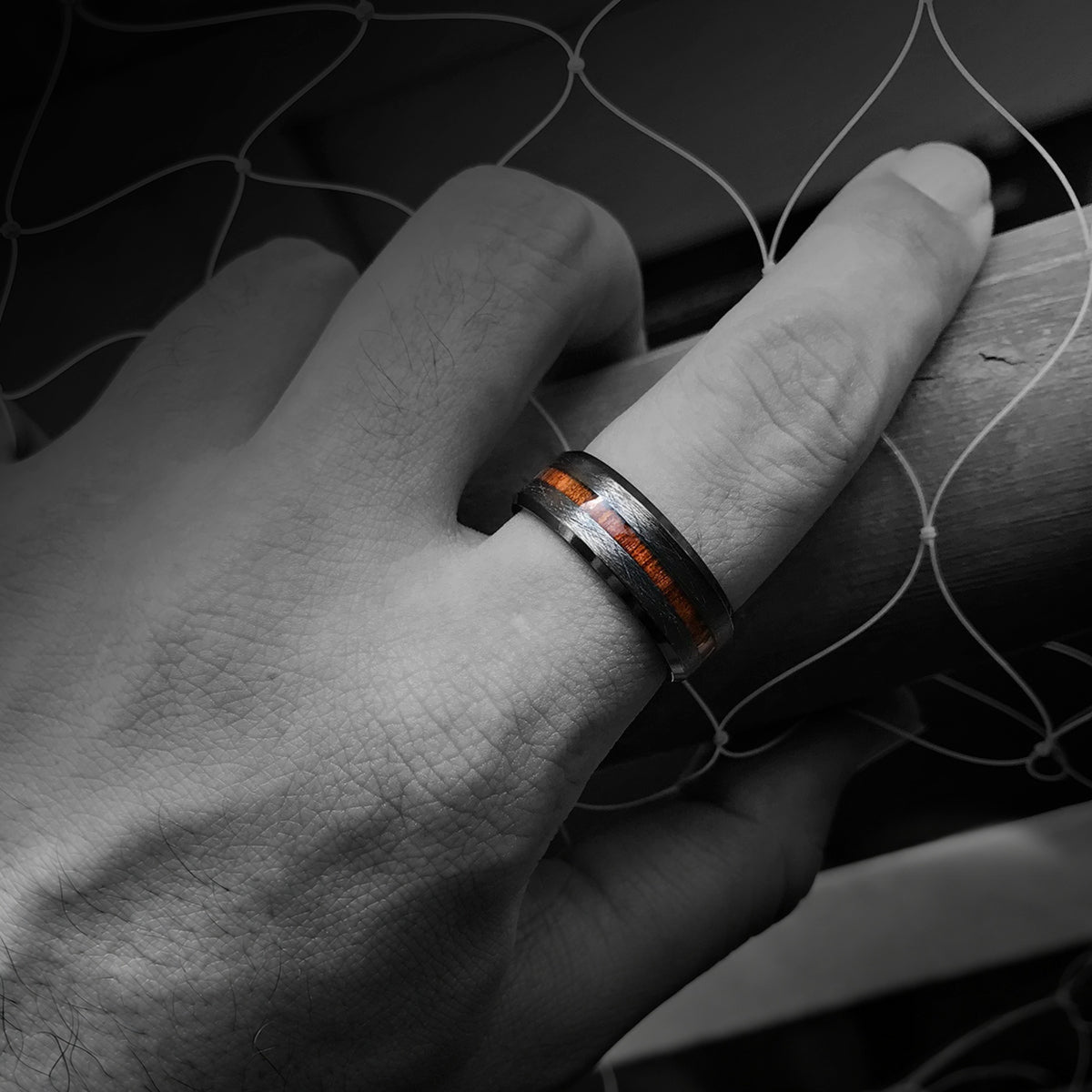 Black Zirconium Cross Brushed Beveled Edge Ring with Hawaiian Koa Wood Inlay - 8mm, Flat Shape, Comfort Fitment