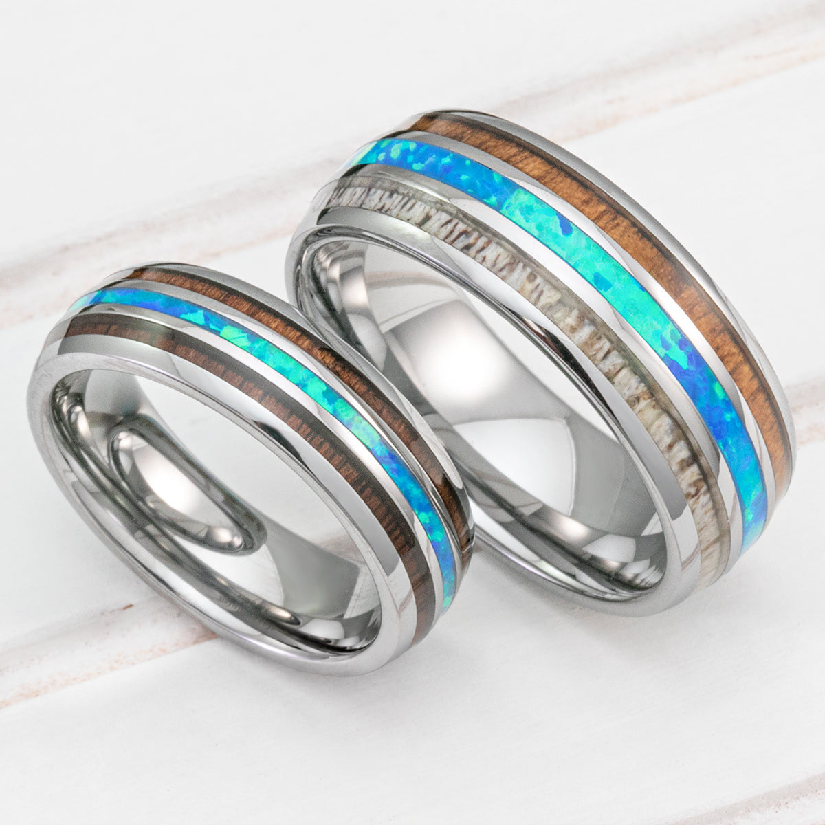 Pair of Assorted Tungsten Carbide Rings with Antler, Opal & Koa Wood Tri Inlay - 6&8mm, Dome Shape, Comfort Fitment