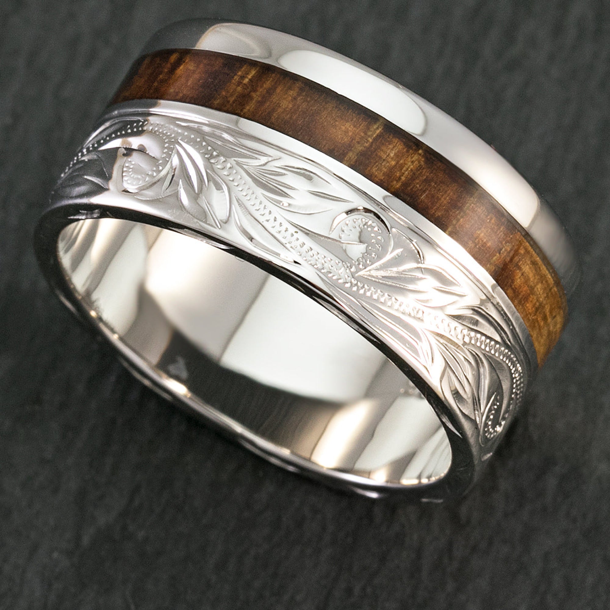 Solid Gold 10mm Width Hawaiian Jewelry Ring with Koa Wood Inlay - 2mm thickness, Flat Shape, Standard Fitment