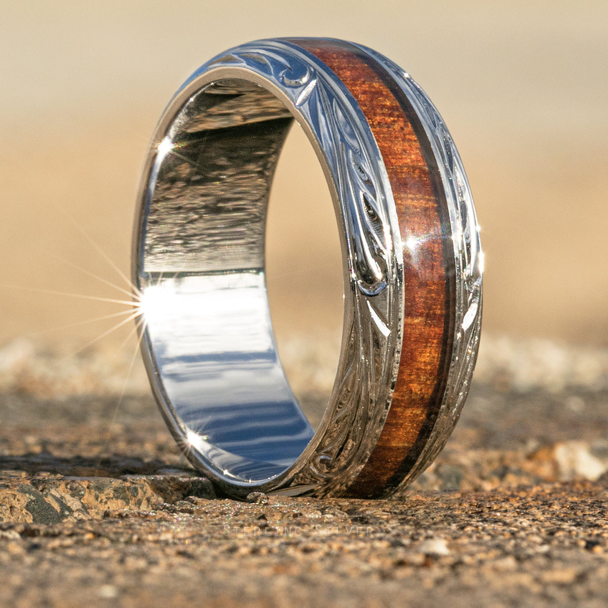 Sterling Silver Ring Hand Engraved Hawaiian Jewelry Ring [8mm width] Koa Wood Inlay