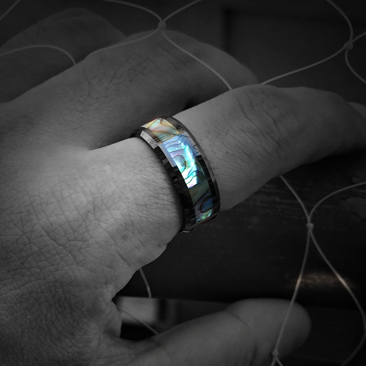 HI-TECH Black Ceramic Beveled Edged Ring with Abalone Pau'a Shell Inlay - 8mm, Flat Shape, Comfort Fitment