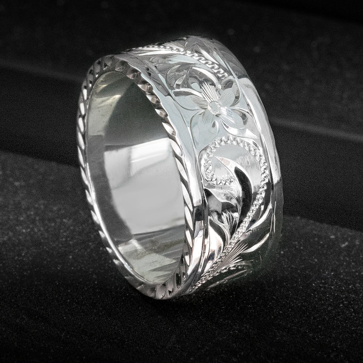 Sterling Silver Hawaiian Jewelry Ring with Old English Design & Diamond Cut Side Edge, 8mm-10mm, Flat Shape, Standard Fitment