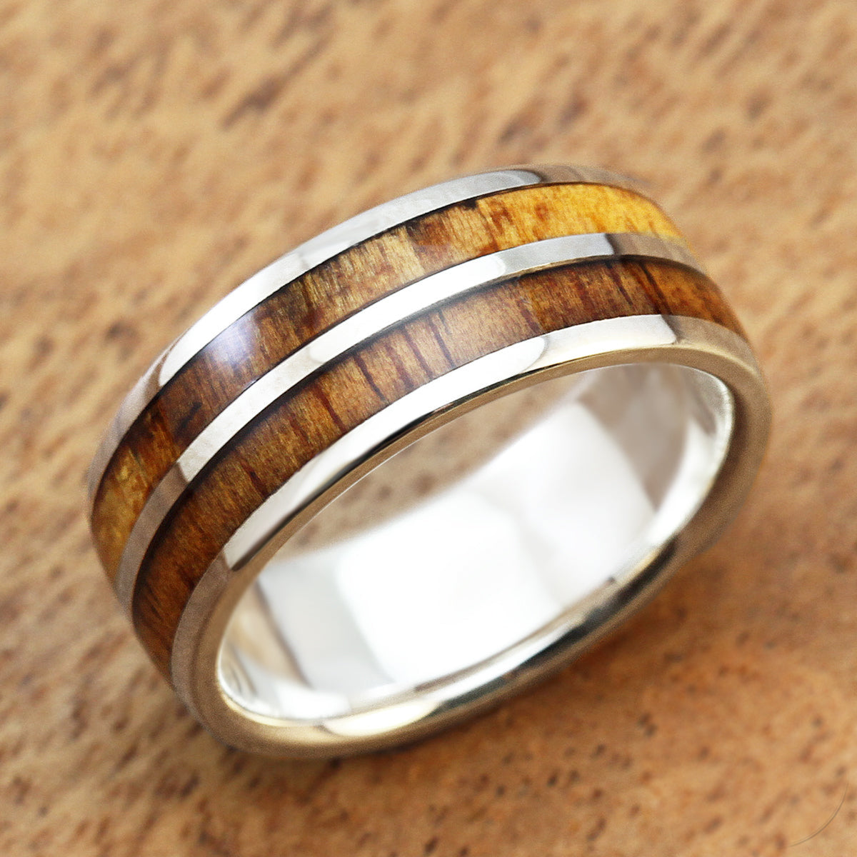 925 Sterling Silver Ring [8mm width ] Hawaiian Koa Wood Duo Inlay