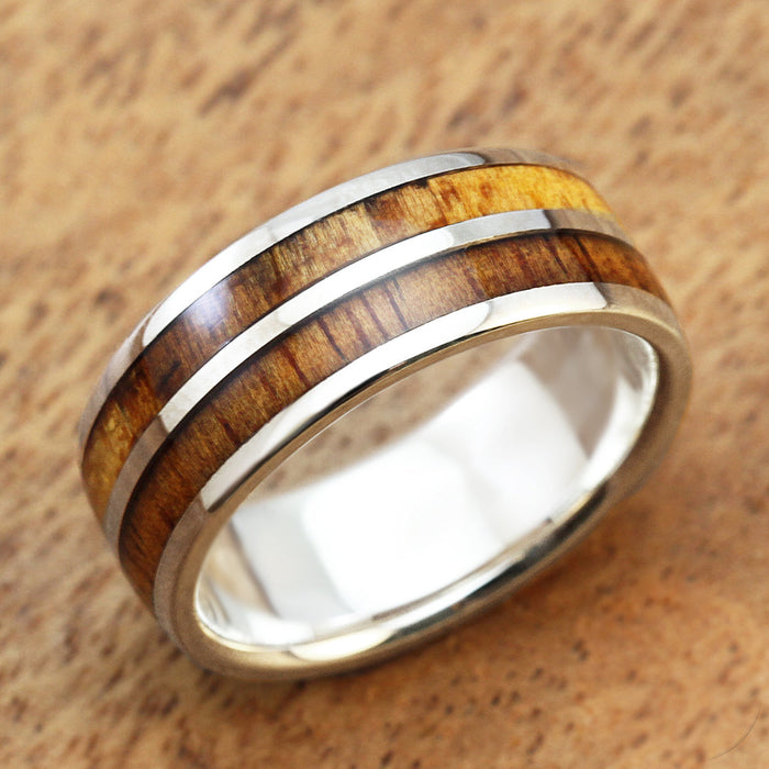 925 Sterling Silver Ring [8mm width ] Hawaiian Koa Wood Duo Inlay