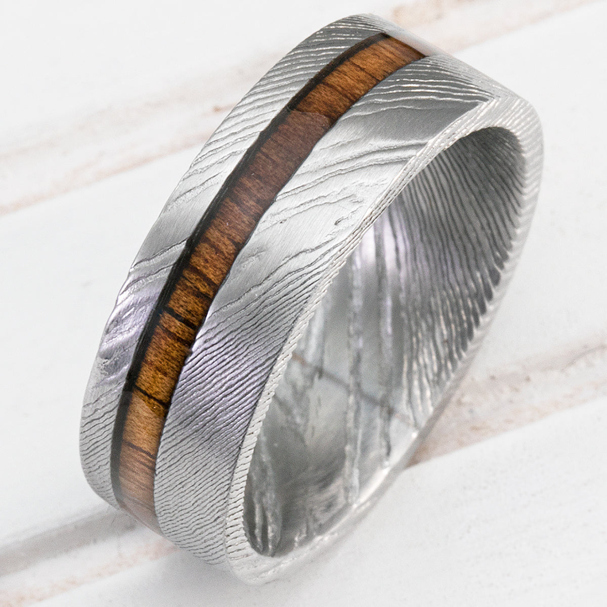 Damascus Steel Ring with Hawaiian Koa Wood Offset Inlay - 8mm, Flat Shape, Comfort Fitment