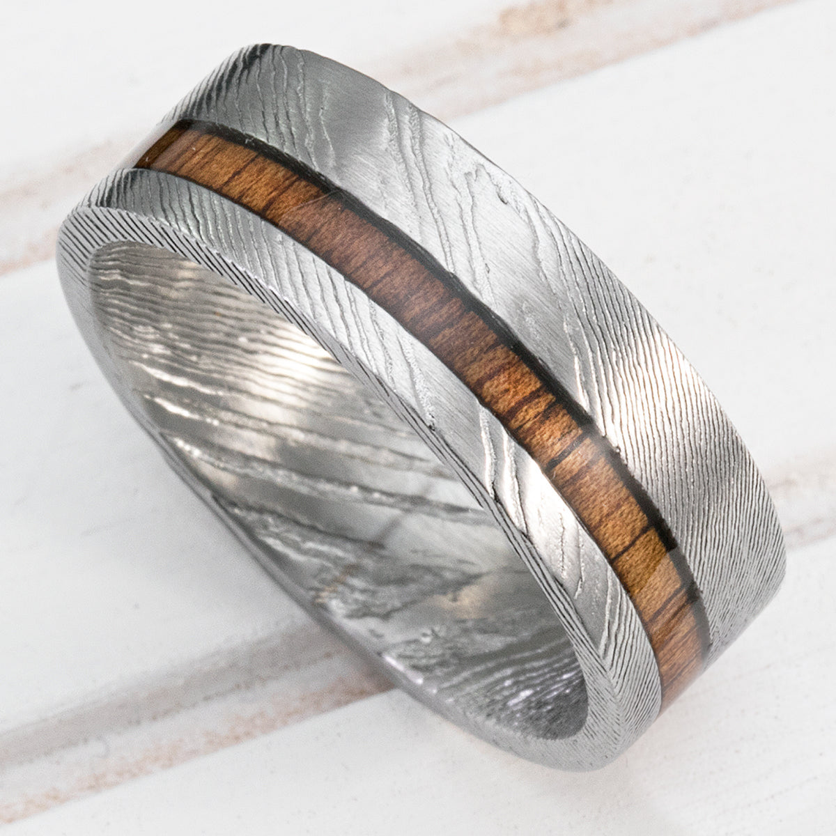 Damascus Steel Ring with Hawaiian Koa Wood Offset Inlay - 8mm, Flat Shape, Comfort Fitment