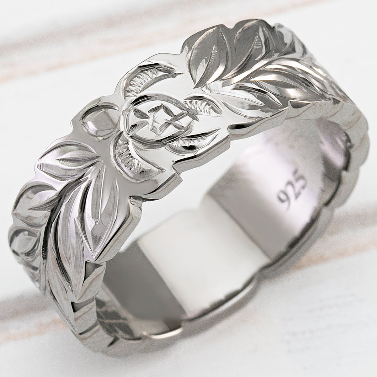 Black Rhodium 925 Sterling Silver Hand Engraved Ring with Maile Leaf & Hawaiian Sea Turtle Design - 8mm, Flat Shape, Comfort Fitment