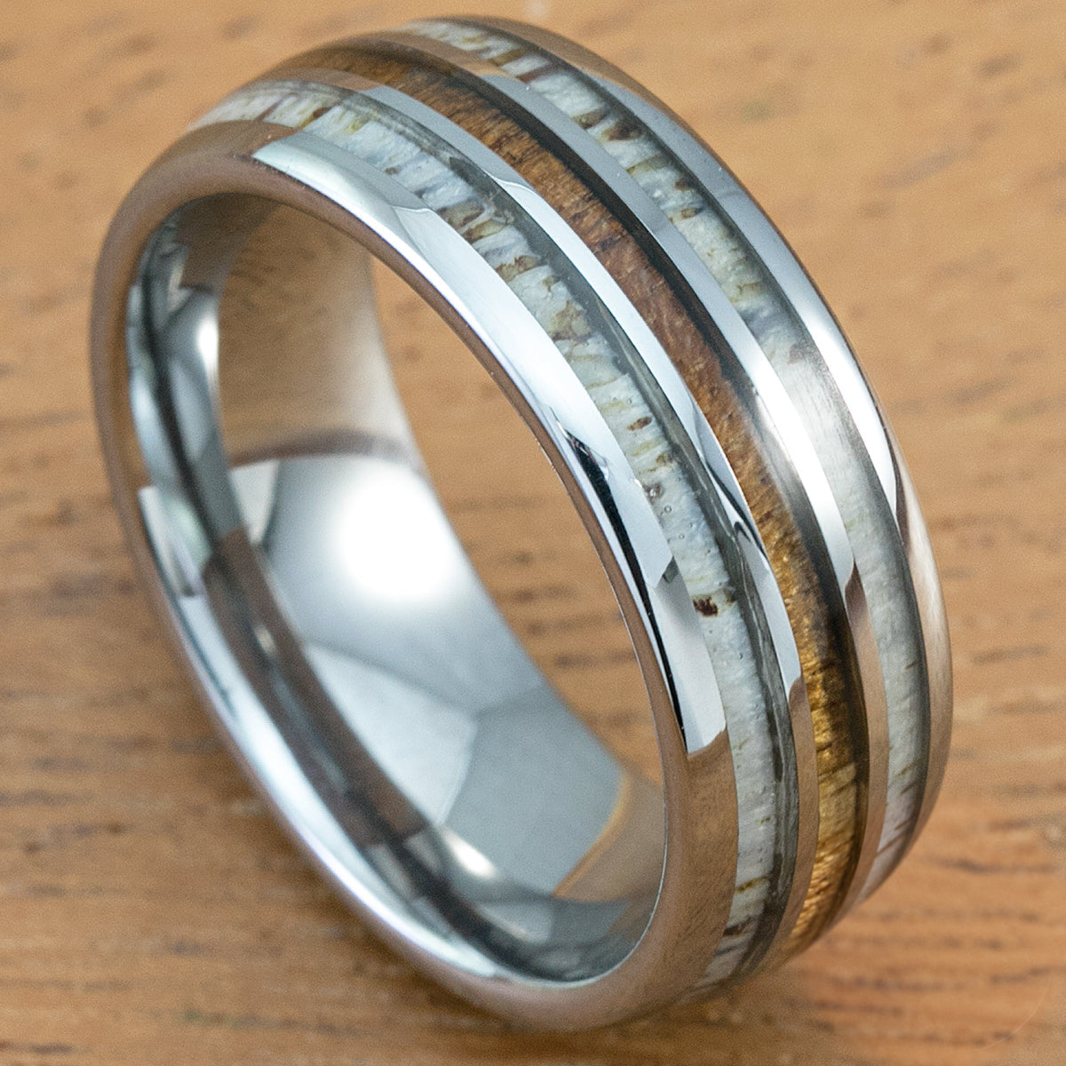 Tungsten Carbide Ring with Antler & Koa Wood Tri Inlay - 8mm, Dome Shape, Comfort Fitment