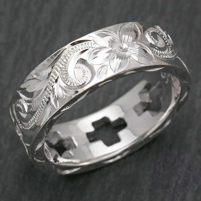 925 Sterling Silver Hand Engraved Open Cross Ring [6mm width] Hawaiian Old English Design