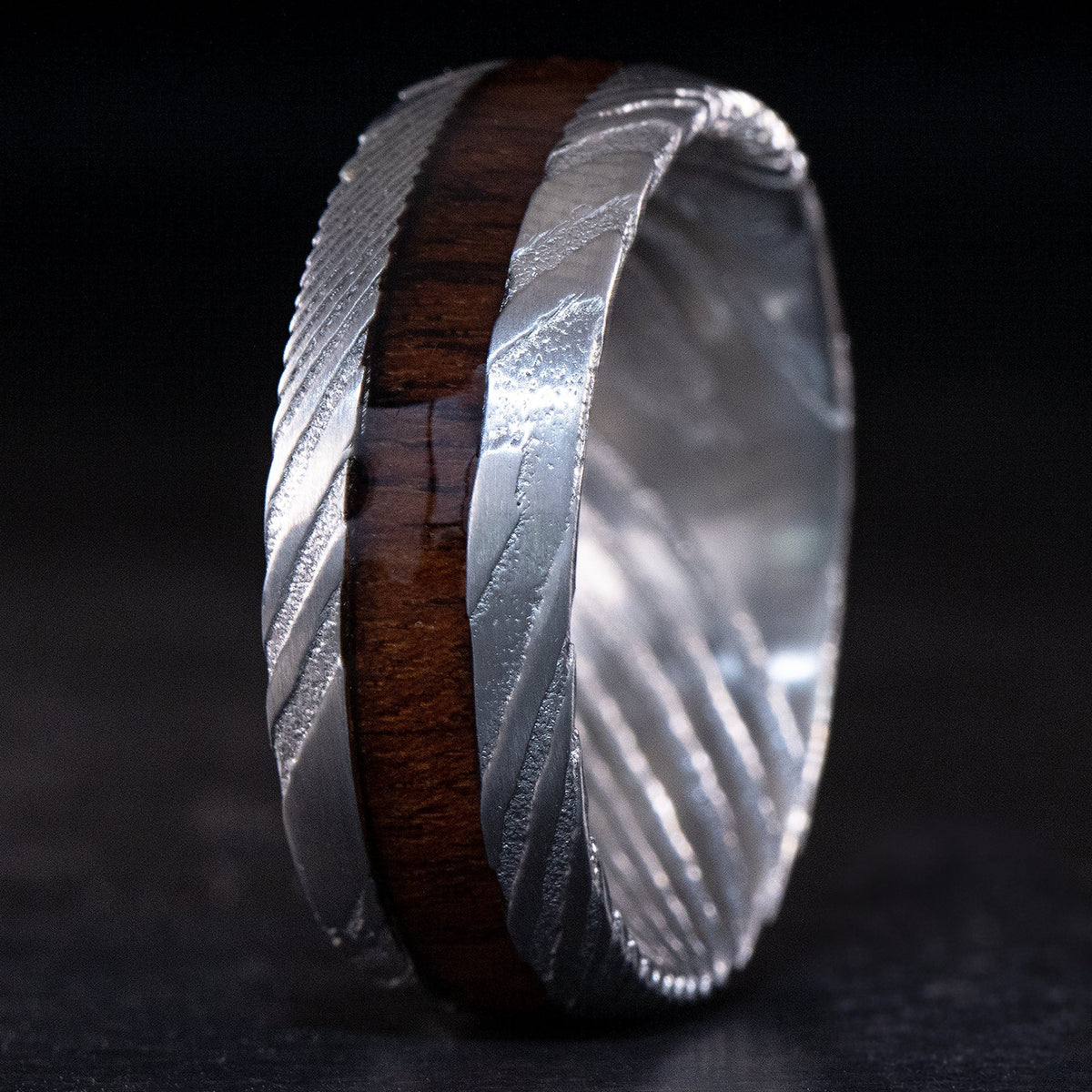 Damascus Steel Ring with Koa Wood Inlay - 8mm, Dome Shape, Comfort Fitment