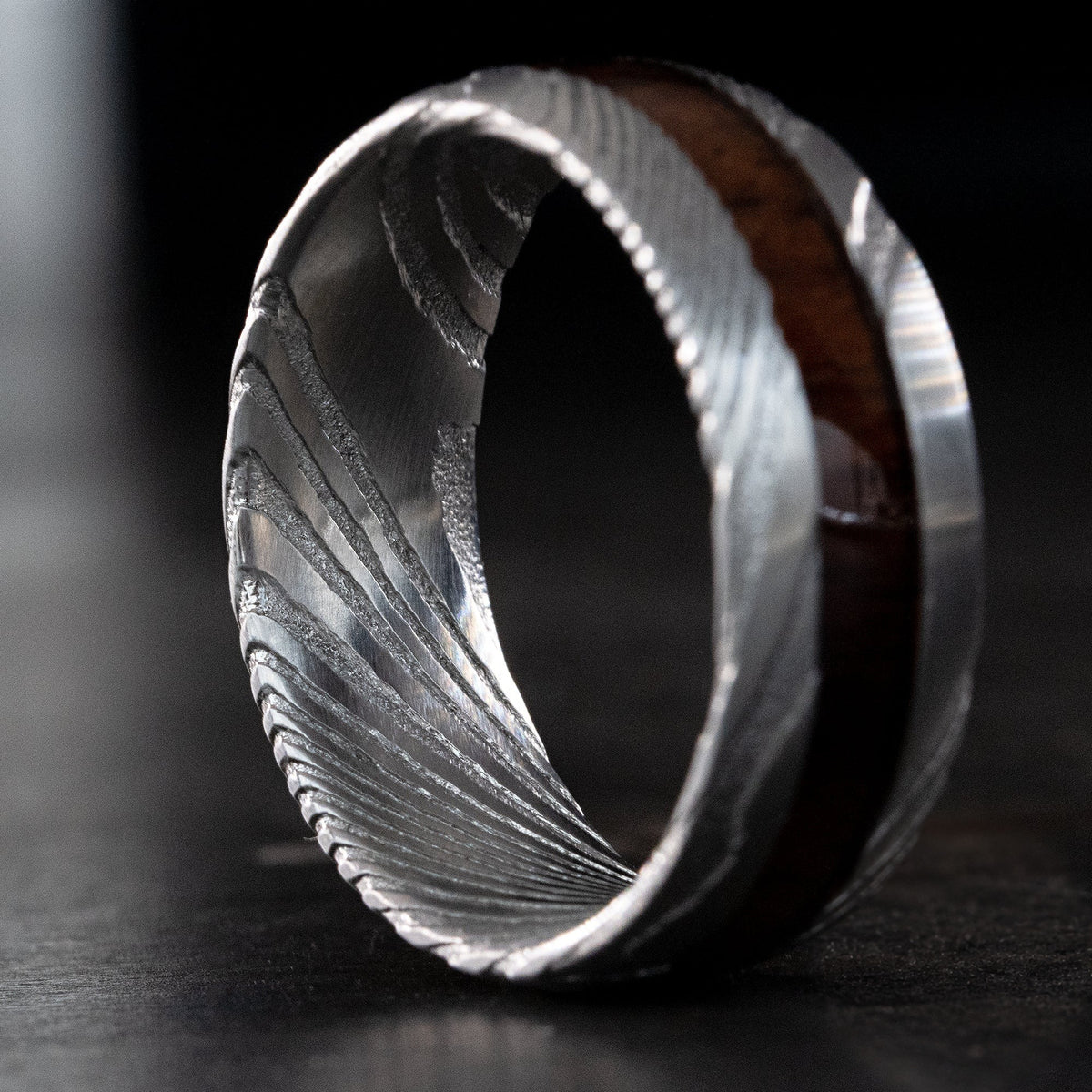 Damascus Steel Ring with Koa Wood Inlay - 8mm, Dome Shape, Comfort Fitment