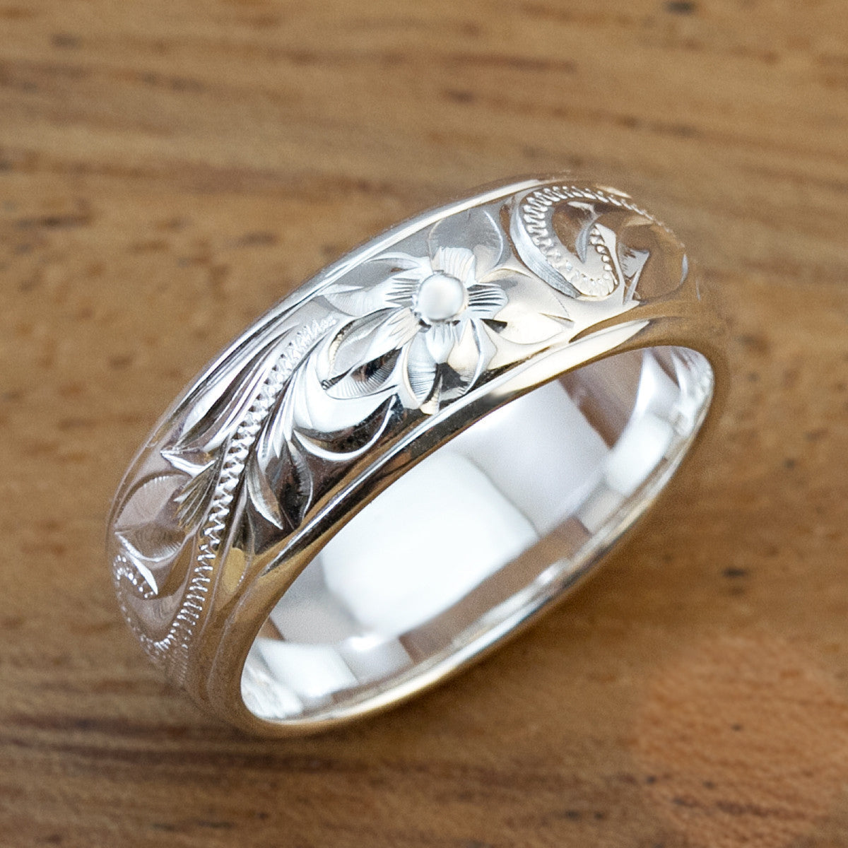 925 Stering Silver Ring Hand Engraved Old English Design with Polished Edges - 6mm-8mm, Dome Barrel, Standard Fitment