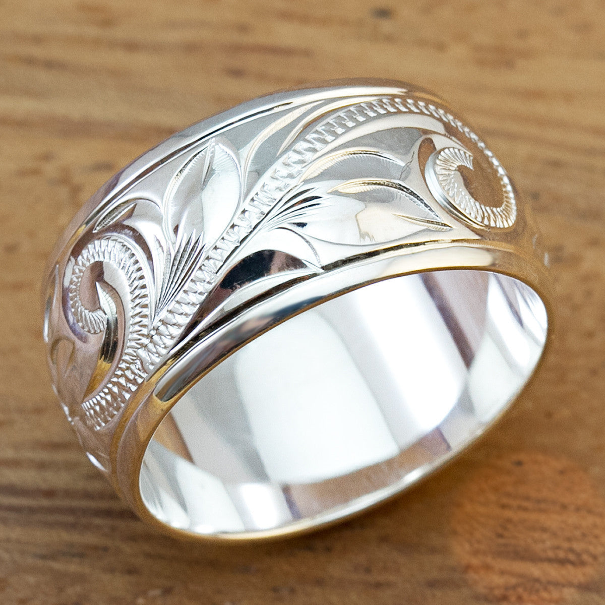 925 Sterling Silver Hand Engraved Old English Design Ring with Polished Edges - 10mm, Dome Shape, Standard Fitment