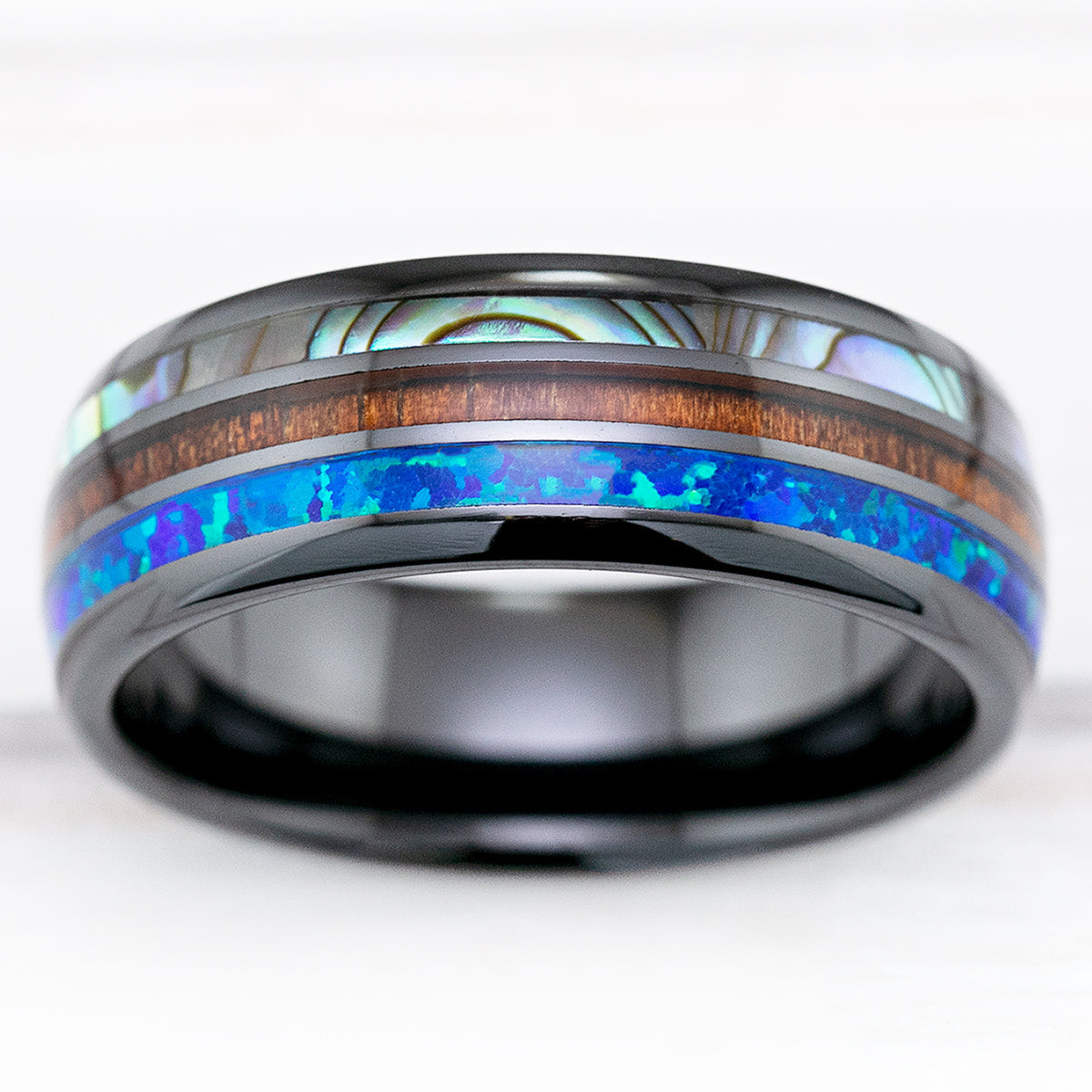 HI-TECH Black Ceramic Ring with Abalone Shell, Koa Wood & Opal Inlay - 8mm, Dome Shape, Comfort Fitment