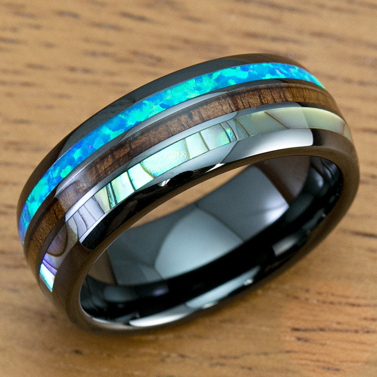 HI-TECH Black Ceramic Ring with Abalone Shell, Koa Wood & Opal Inlay - 8mm, Dome Shape, Comfort Fitment