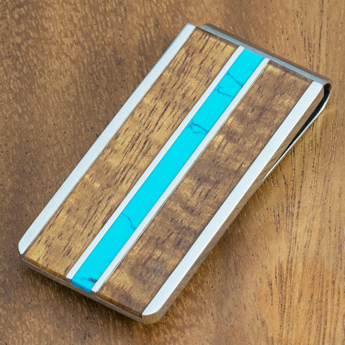 Stainless Steel Money Clip with Turquoise & Koa Wood Tri-Inlay